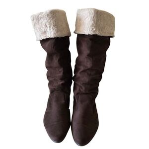 Esperanza Brown Suede Faux Fur Trim Slouchy Tall Boots Womens Size S